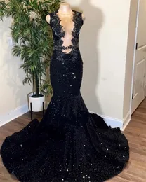 Glitter Sheer O Neck Long Prom For Black Girls Sparkly Sequined Birthday Party Dresses Applices Evening Gown Mermaid Robe de Bal 322