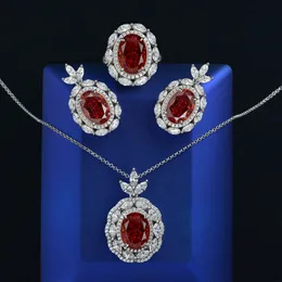 Handgjorda Garnet Diamond Promise Jewelry Set 925 Sterling Silver Wedding Earrings Rings Nalband för kvinnor Brudsmycken