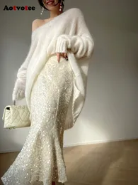 Skirts Aotvotee Sequins Trumpet Mermaid for Women 2023 Fashion Elegant Slim Midi Chic French Style White 230420