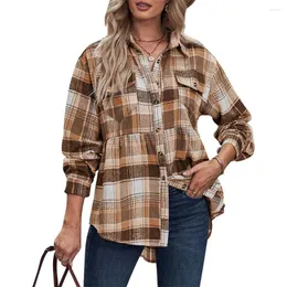 Blusas de Mujer Douhoow, camisas a cuadros Vintage, blusas informales de gran tamaño con solapa y botones de manga larga para Mujer, ropa de primavera y otoño