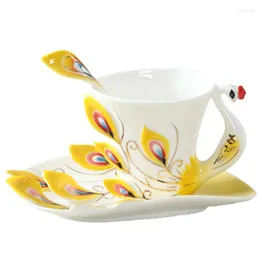 Mugs HF Creative 1 Set Peacock Coffee Saucer Ceramic Bone China 3D Color Emamel Porcelain Cup with and Spoon