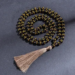 Strängsträngar 108 Sex ord Mantra obsidian mala pärlor och knuten halsband välsignande meditation yoga tibetan japamala tassel smycken 230419