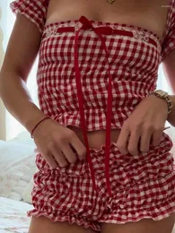 Kvinnors spårdräkter Kvinnor Y2K Pyjama Set Frill Smocked Crop Top and Shorts Plaid Loungewear Eesthetic PJS Sleepwear