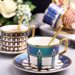 Koppar Saucers Luxury European Tower Bridge Ceramic British Coffee Cup and Saucer Spoon Set Home Afternoon Milk Flower Mug Flow Mugg