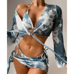 Costumi da bagno costume da bagno 3 pezzi con stampa tie-dye femminile bikini sexy in rete 2021 costumi da bagno a maniche lunghe da donna nodo biquini costume da bagno da spiaggia AA230419