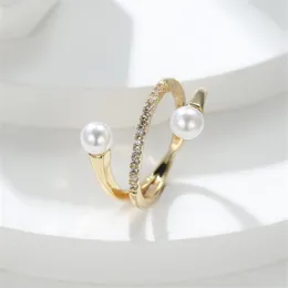 Bröllopsringar ins vit pärla för kvinnor guld färg klar zirkon sten finger svans ring band öppen storlek stapling smycken cz