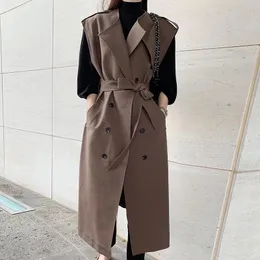 Women's Jackets Korean Spring Autumn Vintage 2023 Suit Collar Double Breasted LaceUp Waist Sleeveless MidLength Women'S Trench Coat 230419