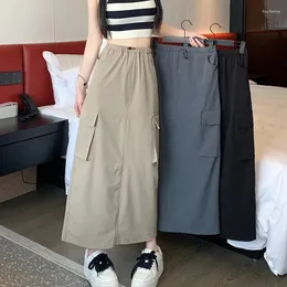 التنانير الجيب الكوري للأزياء الخلفية تقسيم العمل A-Line Skirt Women Casual H Line Long Ender Y2K عالية الجودة Faldas Mujer