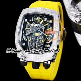 Bugatti Chiron Tourbillon Autoamtic Mens Watch 16 Cylinder Engine Skeleton Dial Iced Out Diamonds inlay Case Yellow Rubber Strap trustytime001Watches BU200.30