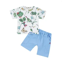 Kläder sätter 1-5 år sommar barn pojke kläder djur blomma tryck rund hals kort ärm t-shirt fickor harem pannor shorts avslappnade kläder