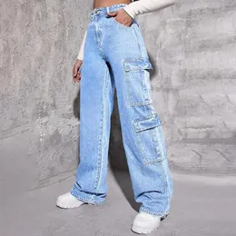 Jeans para mujer 2023 Y2K estilo moda multi bolsillo suelto denim pierna recta pantalones calle moda casual mujer carga