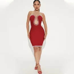 Casual Dresses Factory Wholesale Women's Wine Red Mesh Perspective Rhinestones Sexy Boutique Celebrity Cocktail Party Bandage Dress