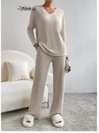 Womens Two Piece Pants Pit Striped Ribbed Set Long Sleeve Knitted Tshirt and Elastic Waist Wide Leg Trouser Sleepwear Autumn Casual Loose Home Clothing 231120