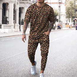 Trechsuits masculinos Trechas de leopardo T-shirt calça moda masculina esportes de rua de rua masculino Manga curta Camiseta 2 PCs Sets Men Tracksuit Runging 230420