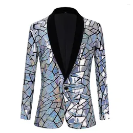 Herrar Silver Laser Mirror Blazer Coat Brudgum Bröllopsdräkt Jackor sjal krage singel knapp nattklubb scenutställning paljetter smoking