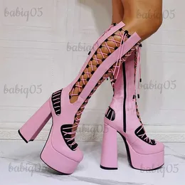 Boots RIBETRINI Pink Punk Style Round Toe Plaform High Heels Cutout Summer Knee High Boots Zipper Brand Designer Fashion Shoes Boots T231121