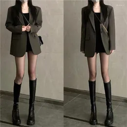 Ternos femininos unxx high-end manga longa blazer casaco feminino outono 2023 estilo hong kong fino gota-ombro solto meados de comprimento pequeno terno meninas