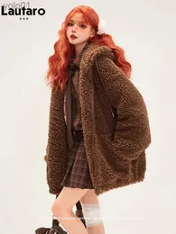 Женское пальто из искусственного меха Lautaro, осень-зима, милое, милое, теплое, плотное, мягкое, коричневое, из искусственного меха, женское пальто с медвежьими ушками, нечеткая пушистая куртка, толстовка с капюшоном 2023L231121
