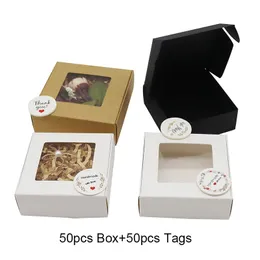 Presentförpackning 50st/lot Craft Gift Carton Window Style Kraft Paper Color Candy Box White Wedding Packaging Box Black Classic Case 231102