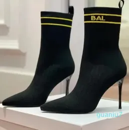 Sapatos de tecido de malha carta meados de bezerro puxar no ponto elástico toe stiletto moda de luxo