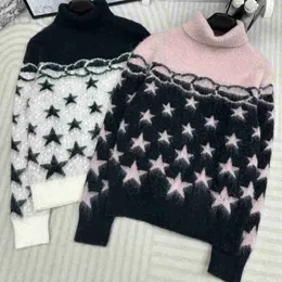 Suéteres femininos designer 2023 outono novo cinco pontos estrela alicate splice contraste mohair misturado gola alta manga comprida camisola de malha 0fi3