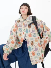 여성용 재킷 재미있는 풀 프린트 만화 옷깃 코트 가을에 여성을위한 2023 느슨한 피팅 BF 일본어 귀여운 트렌드