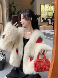 Women's Fur 2023 Winter Knitted Faux Coat Women One Piece Jacket Strawberry Youth Lady Student Clothing Warm