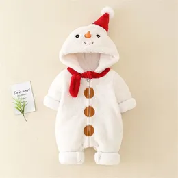 Рождественские милые комбинезоны для маленьких девочек, зимние утепленные комбинезоны с рисунком снеговика, детская одежда, мягкий детский комбинезон с капюшоном 231120