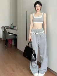 Kvinnors tvåstycksbyxor Stsvzorr 2023 Summer Casual Sporty Camisole Slim Short Top Grey Loose Wide Leg Set