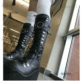 Botas GIGIFOX Novos sapatos de rock plataforma verão meados de bezerro botas para mulheres fivela cinta goth botas góticas meninas lolita cunha redonda dedo do pé punk t231121