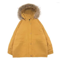 Women's Trench Coats 2023 Winter White Duck Down Yellow Fur Cllar Cotton Padded Jackets Clothing Loose Hooded Fp338