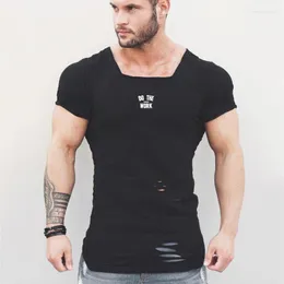 Mens T Shirts Summer Fitness Clothing Compression Shirt Män rippade hål T-shirts Mens Slim Fit Tees Mens Hip Hop Gyms Tight Tshirt