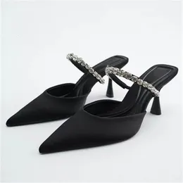 Sandals Woman High Heel Mules WSL TRAF ZA Metal Chain Decorate Black Stiletto Fashion Pumps Summer Women Slingback 230421