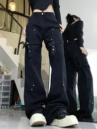 Women's Jeans Circyy Black For Women Denim Pants Rivet Streetwear Spliced Lace Up Button Mop Fashion Straight Trousers