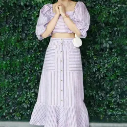 Work Dresses Women Purple Stripe Blouse Or Skirt Set 2023 Summer Lady Square Neck Puff Sleeve Top High Waist Ruffle Single Breasted Jupe