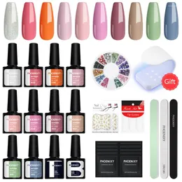 Kit per nail art Phoenixy Set di smalti gel Vernice UV semipermanente con kit di strumenti Base Top Coat 10 colori Lampada regalo