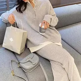 Womens Two Piece Pants twopiece tight fitting suit 2024 autumn loose casual sweater wide leg pants set knitted matching womens clothing 231120