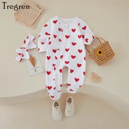 Rompers tregren Born Baby Girls Jumpsuit Spring Long Sleeve Heart Print Romper med pannband 2st -uppsättningar för alla hjärtans dag 230421