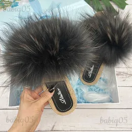 Slippers Real Fur Slippers Women Summer Flats Faux Str Sandals Natural Fox Fur Ladies Flip Flops Fashion Raccoon Beach Light Slides T231121