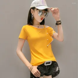Women's T Shirts #7345 Spliced Ruffles One Off Shoulder Shirt Women Solid Color Sexy Short Sleeve Female Skew Collar With Pearls Summer