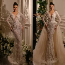 Abito da sposa a sirena con scollo a V profondo sexy Perle a maniche lunghe Perline arabe con paillettes Abiti da sposa a tromba Robe De Soiree