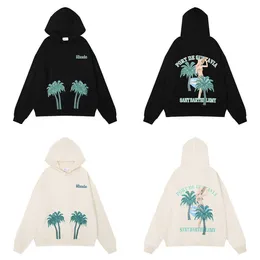 Rhude Meichao Coconut Tree Beach Beauty Print Maglione con cappuccio casual unisex in spugna ad alto peso