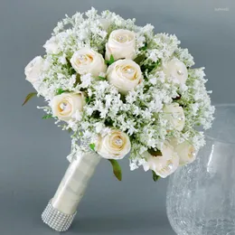 ウェディングフラワーブーケ花嫁介添人シルクリボン人工バラを保持するブライダルマリアージアクセサリー