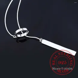 المعلقات 925 Sterling Silver Fine Jewelry Vintage Circle Strip Long Chain سلسلة Pendantnecklace Sterling-Silver Bar Necklace للنساء