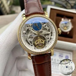 Bilek saatleri Erkek Mekanik Saat Otomatik Gül Altın Siyah Deri Tourbillion Ay Faz