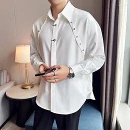 Camisas casuais masculinas roupas de marca sólida festa manga longa camisa elegante design metálico alta drape tecido de seda mens