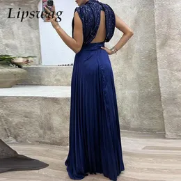 Casual Dresses Sexy Hollow Out Lady Slim Party Dress Women Fashion Patchwork Sequins Evening Gown Elegant Sleeveless Lace-up Pleated Long