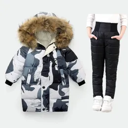 Kleidung Sets Mode Winter Jungen Mädchen Daunenjacke Warme Midi Mantel Hosen 2 stücke Baby Kinder Kleidung Unisex Pelzige Kapuze 231120