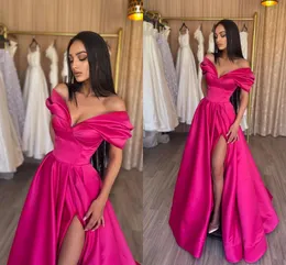 Seksowna elegancka fuschia Linia PROM SUBLETS OFF REMPER SATIN HIGH Side Split Sweat Train Formal impreza Urodziny Urodziny Suknie