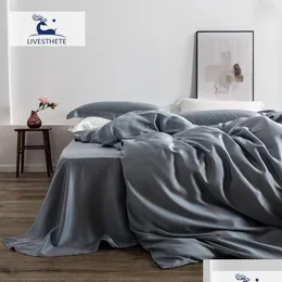 寝具セットLivesthete Luxury 100％Silk Grey Set Skin Care Duvet Er Queen King Bed Linen Great Sleep Drop Delivery H DHCQ4
